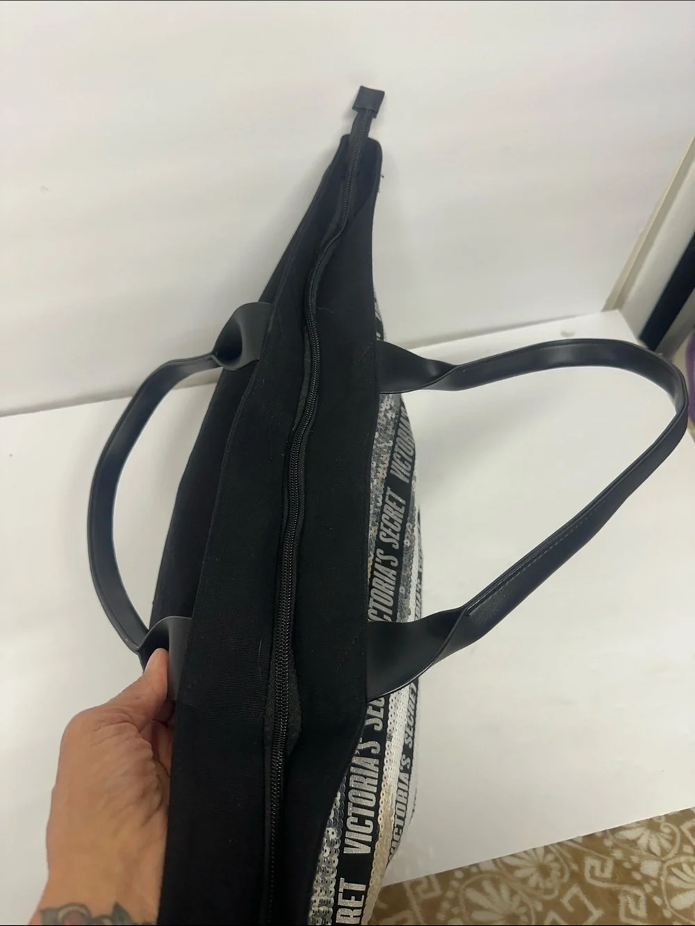 Victoria's Secret Black & Silver Sequin Logo Tote Bag and pouch Set